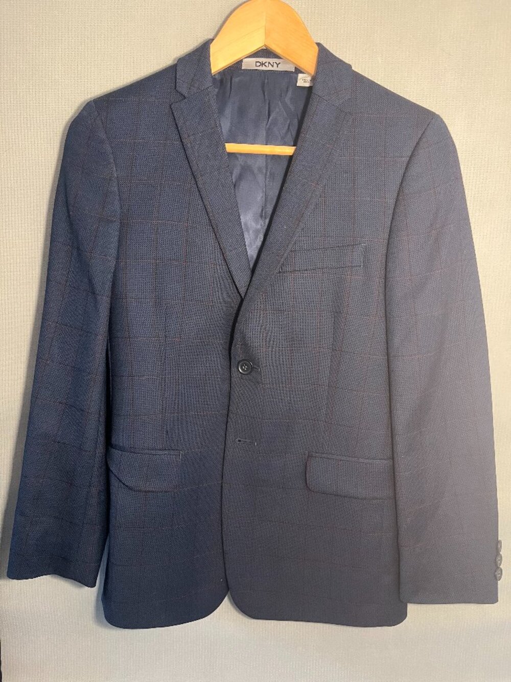 Boys or small woman DKNY two piece suit, Navy Blue with subtle red tartan
